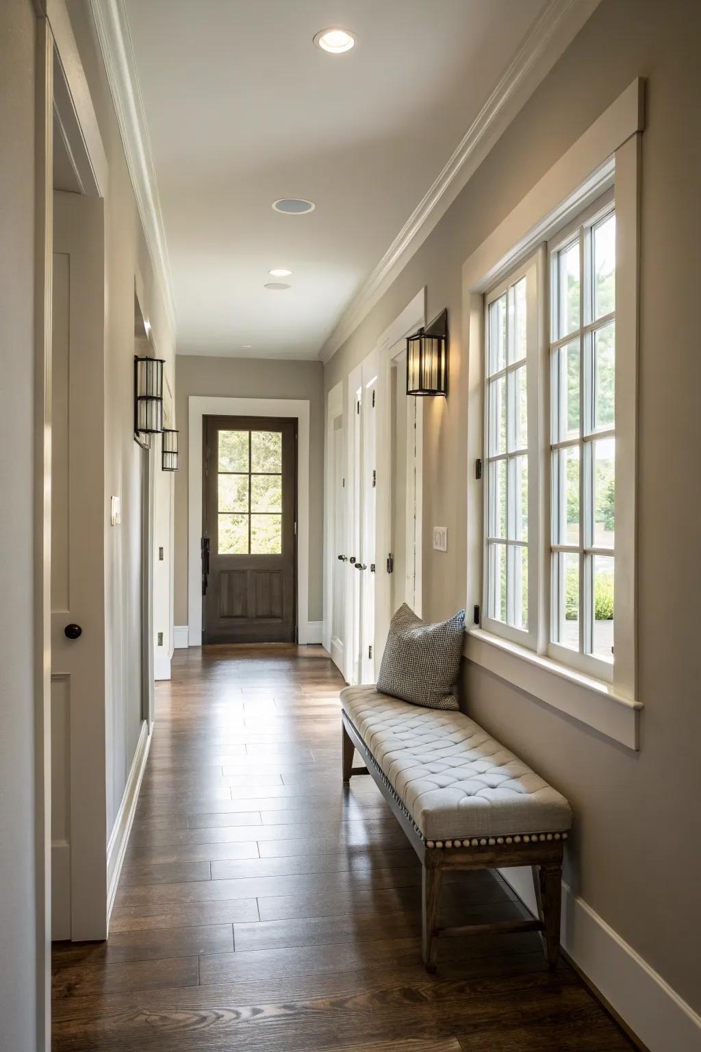 A stylish bench provides both comfort and visual interest in this long entryway.