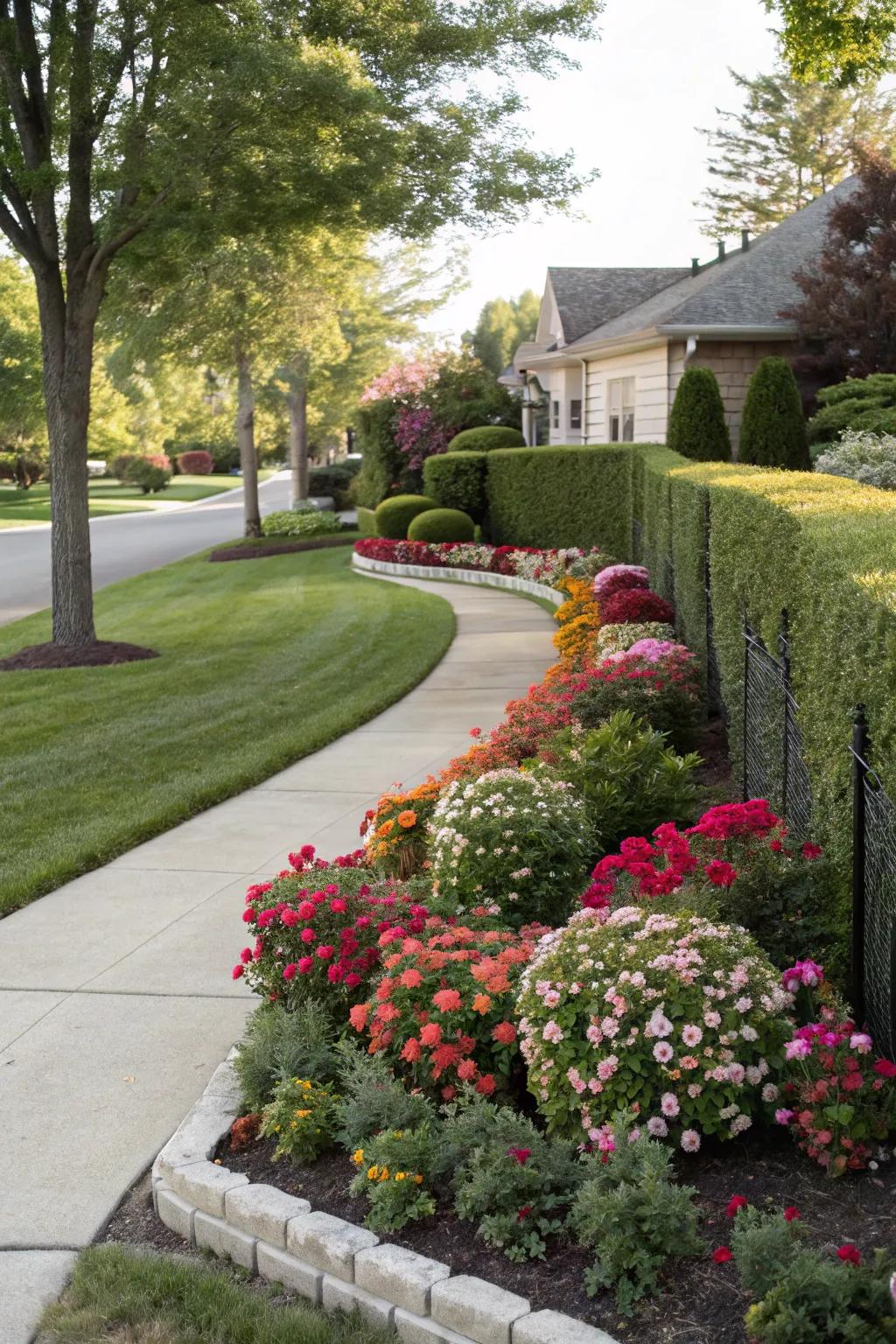 A flourishing shrub fence provides a natural and animated border for this front yard.