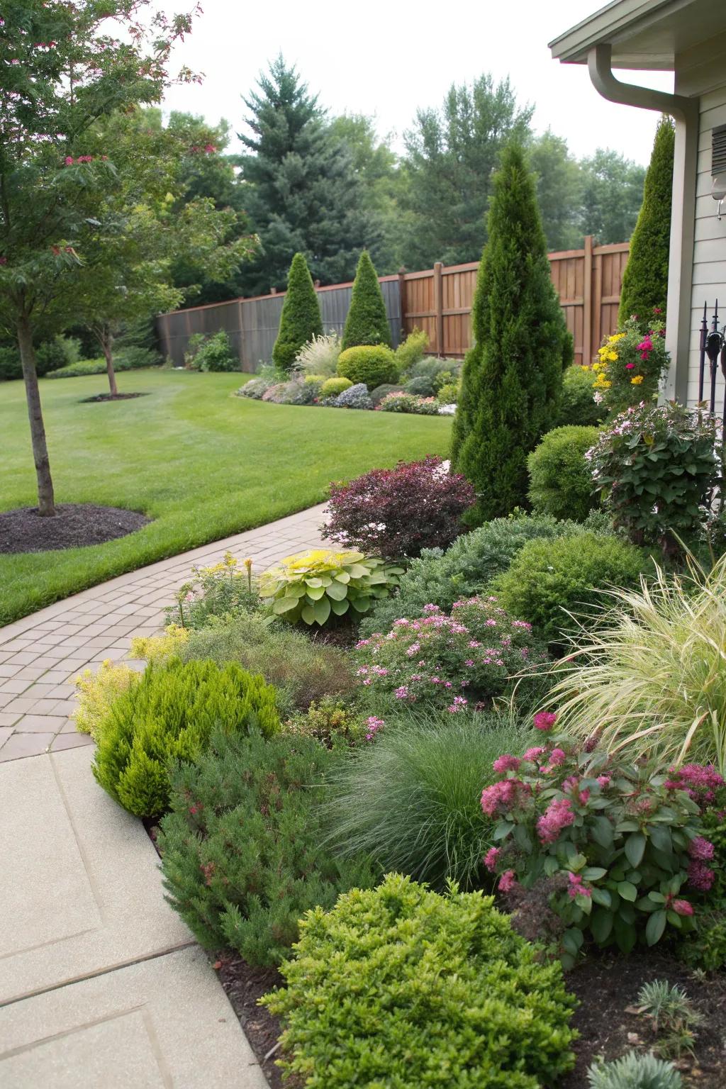 Layered planting enhancing depth and visual interest in a front yard.