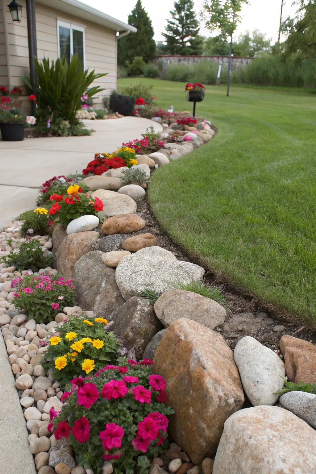 Stones serving as organic boundaries for defined zones.