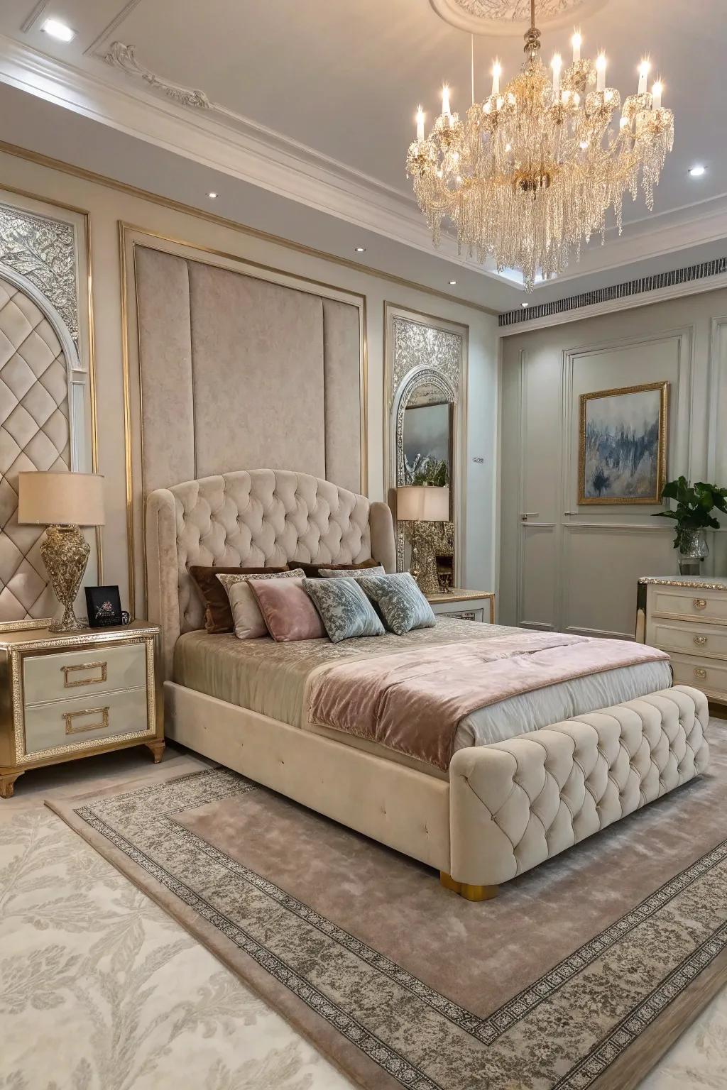 A luxurious bedroom featuring striking décor as focal points.