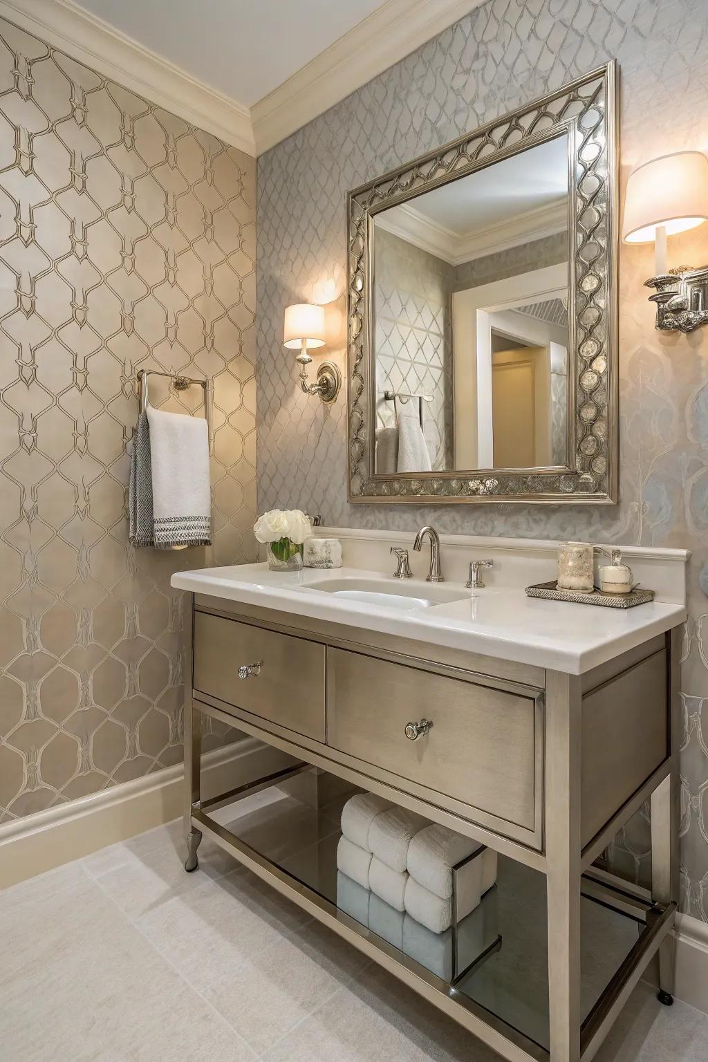Neutral tones with metallic touches create a sophisticated appearance.