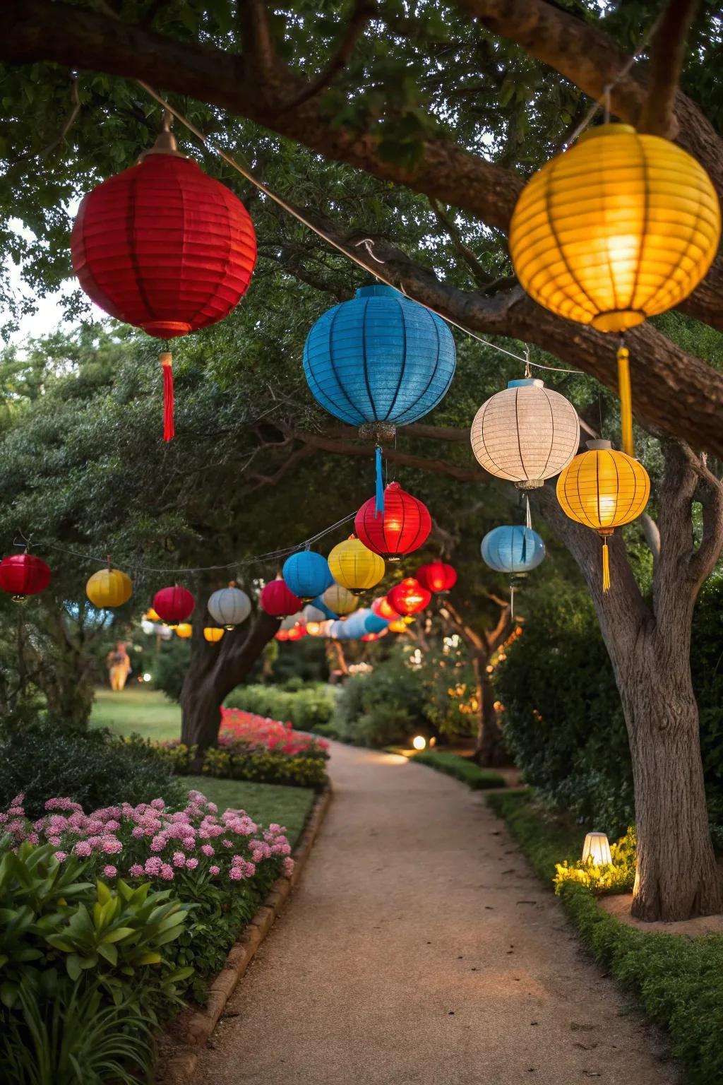 Vivid lanterns suspended from trees, infusing the celebration with radiant charm.