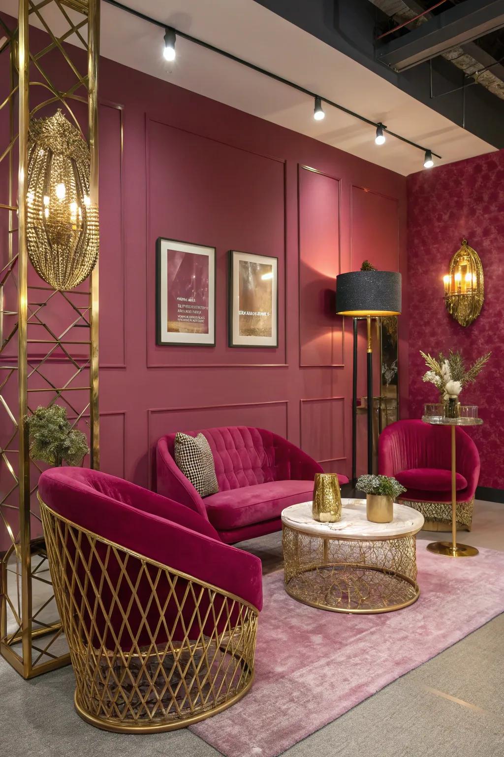 Cerise and metallics blend for a chic and glamorous room design.