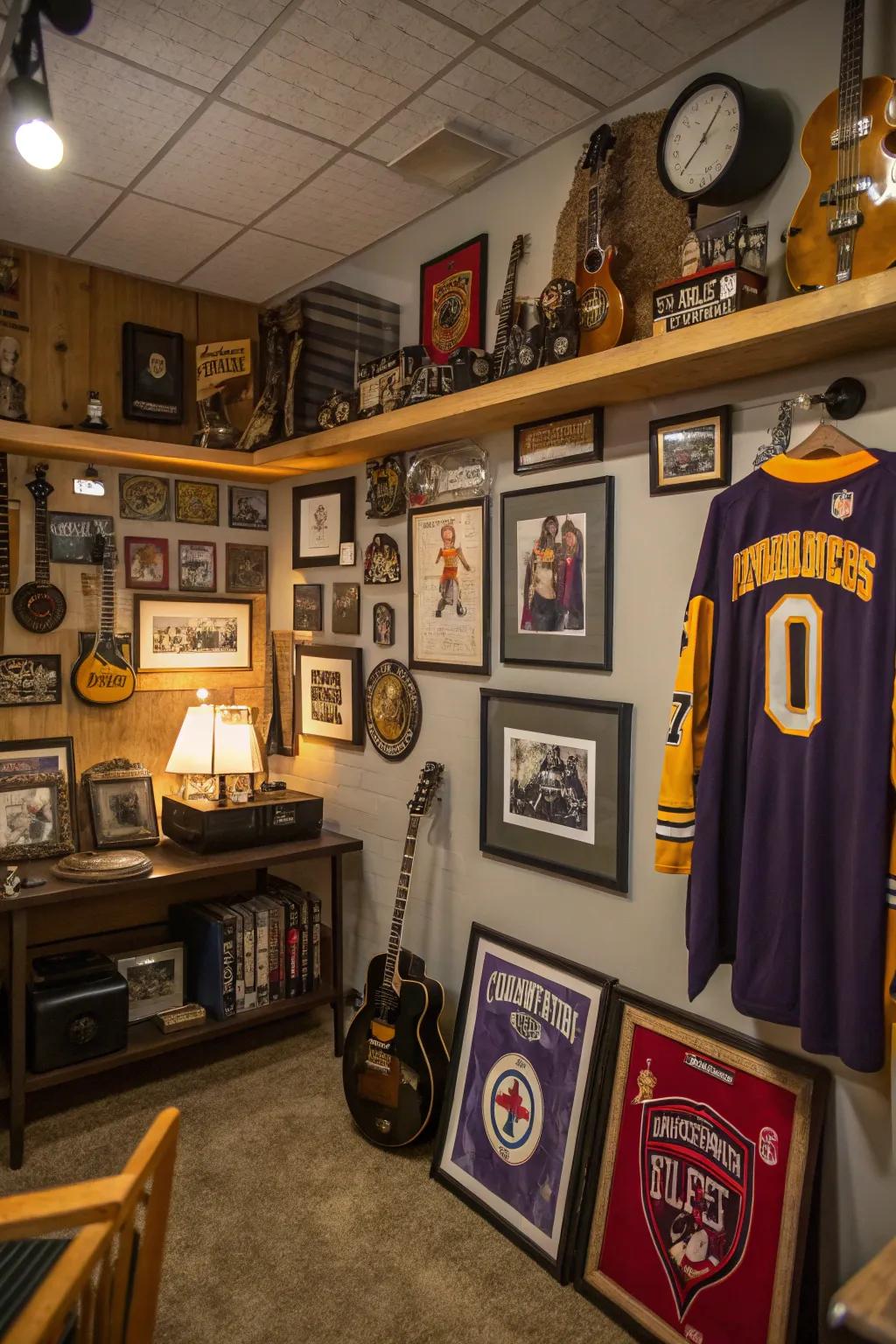 Unique wall art enhances the personality of this man cave.