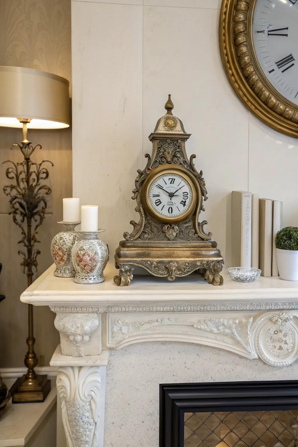 A stylish clock adds a classic and functional focal point to the mantel.