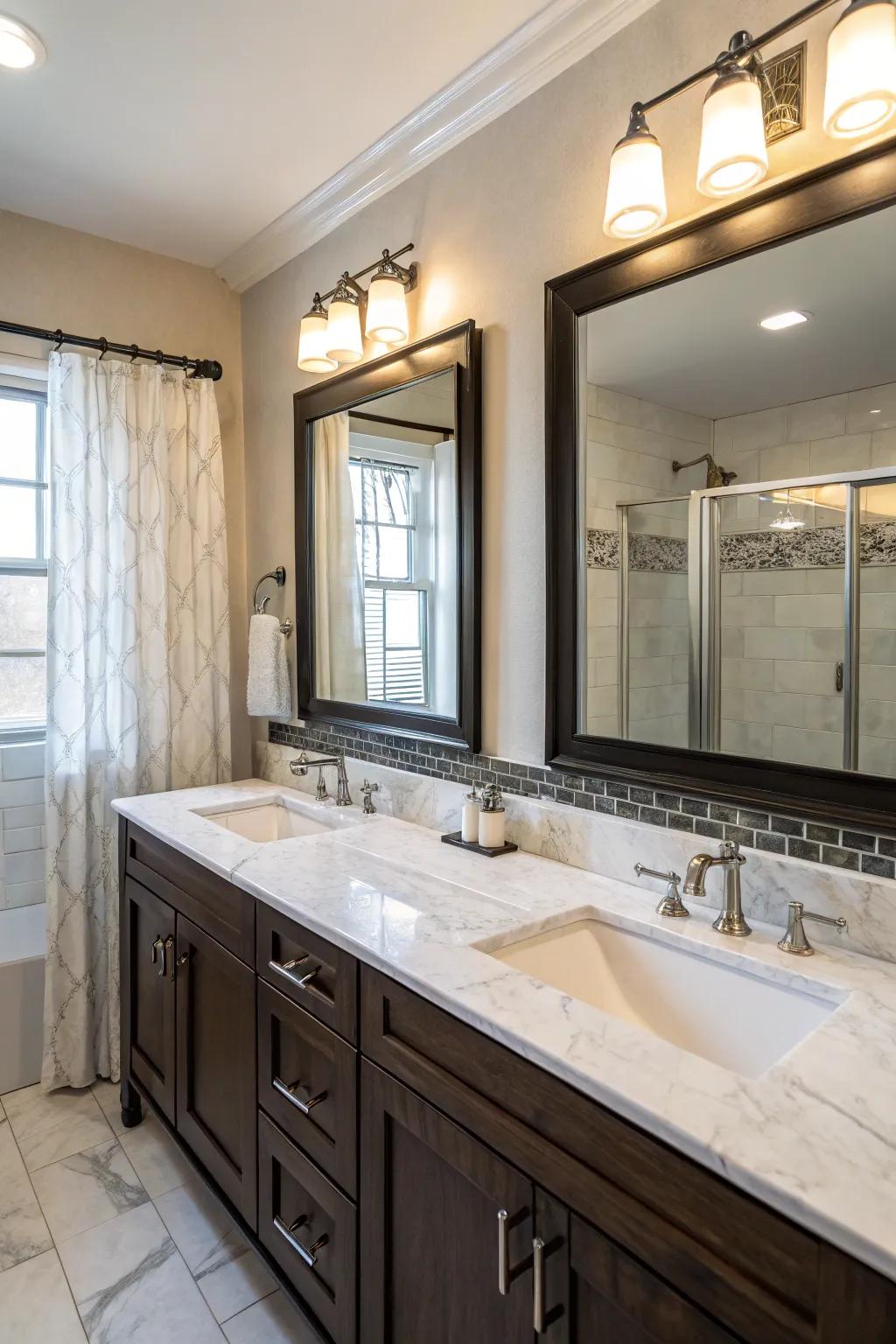 An expansive dual vanity with limestone-effect countertops presenting both grandeur and practicality.