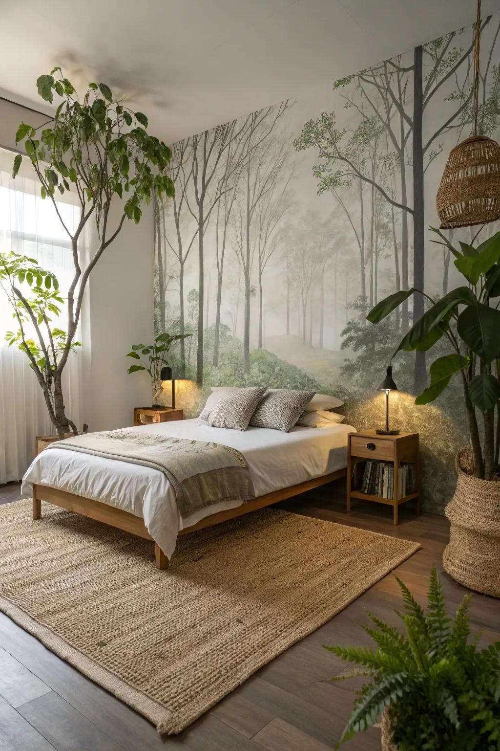 Forest themed wallcovering creates a nature escape.