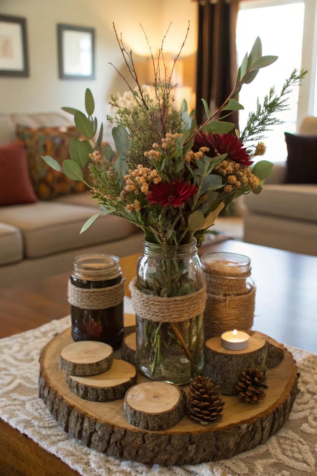 Incorporate raw beauty with glass jars and native parts.