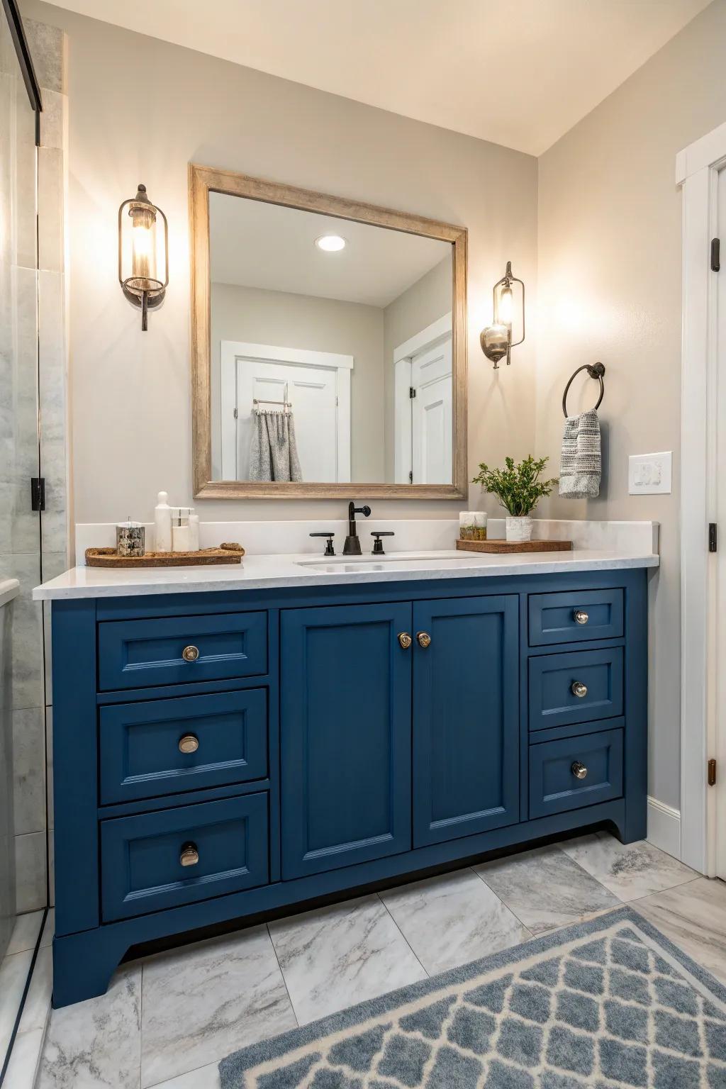 A primary bathroom showcasing a bold azure vanity situated against a neutral backdrop.