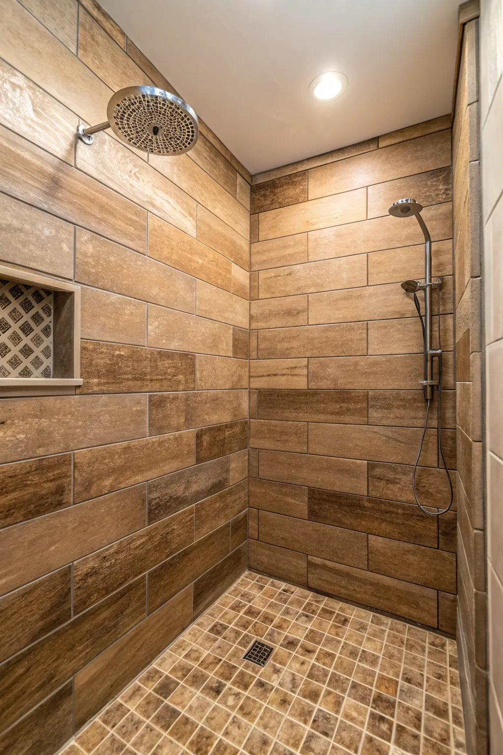 A shower stall conceived with timber-simulated pavers for a heated, inviting sensation.