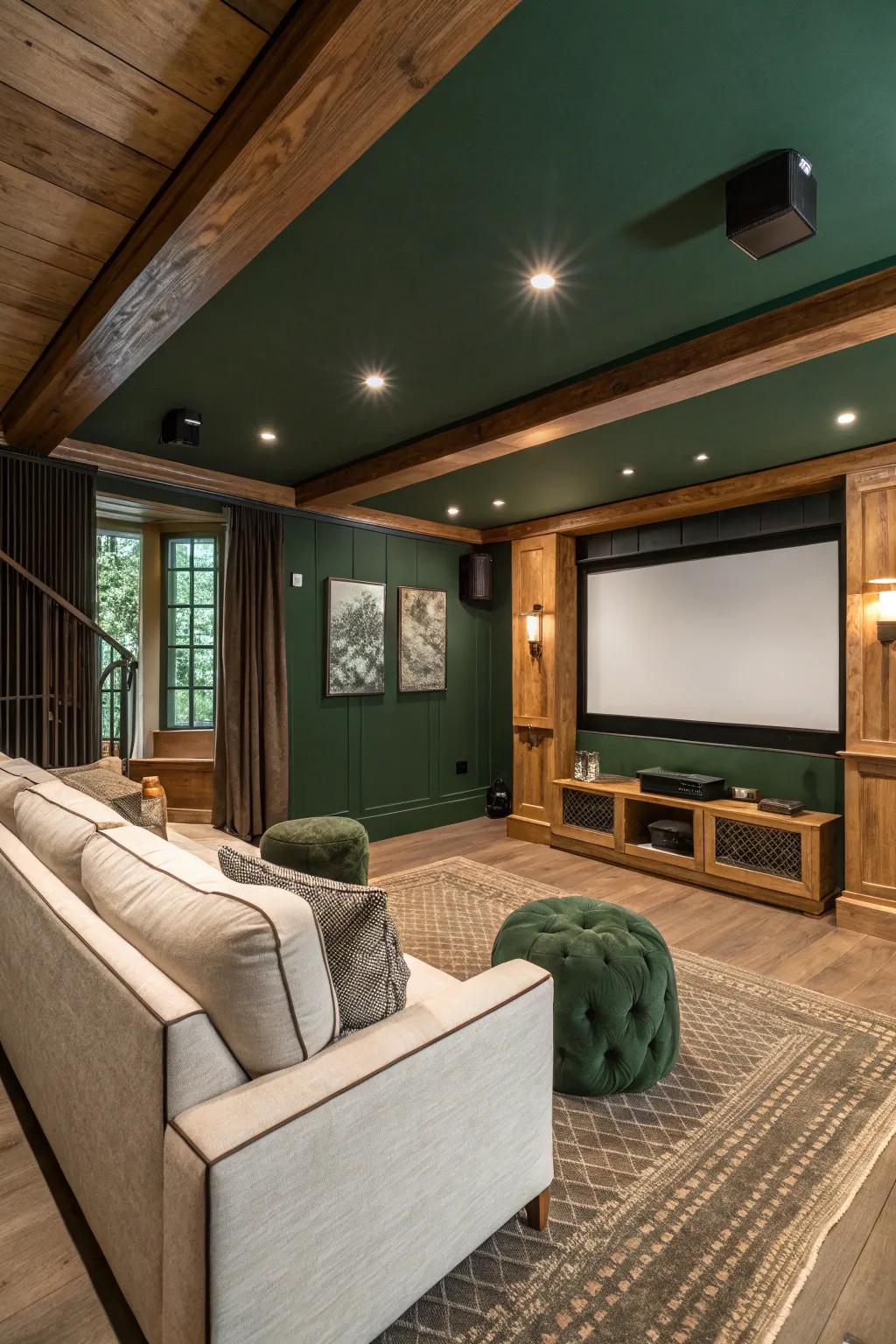 A media room featuring woodland green walls, mixing nature with entertainment.