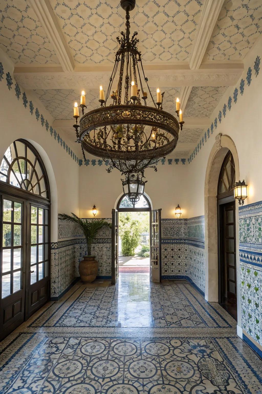 A striking overhead illumination enhances the luxurious feel of a Mediterranean entryway.
