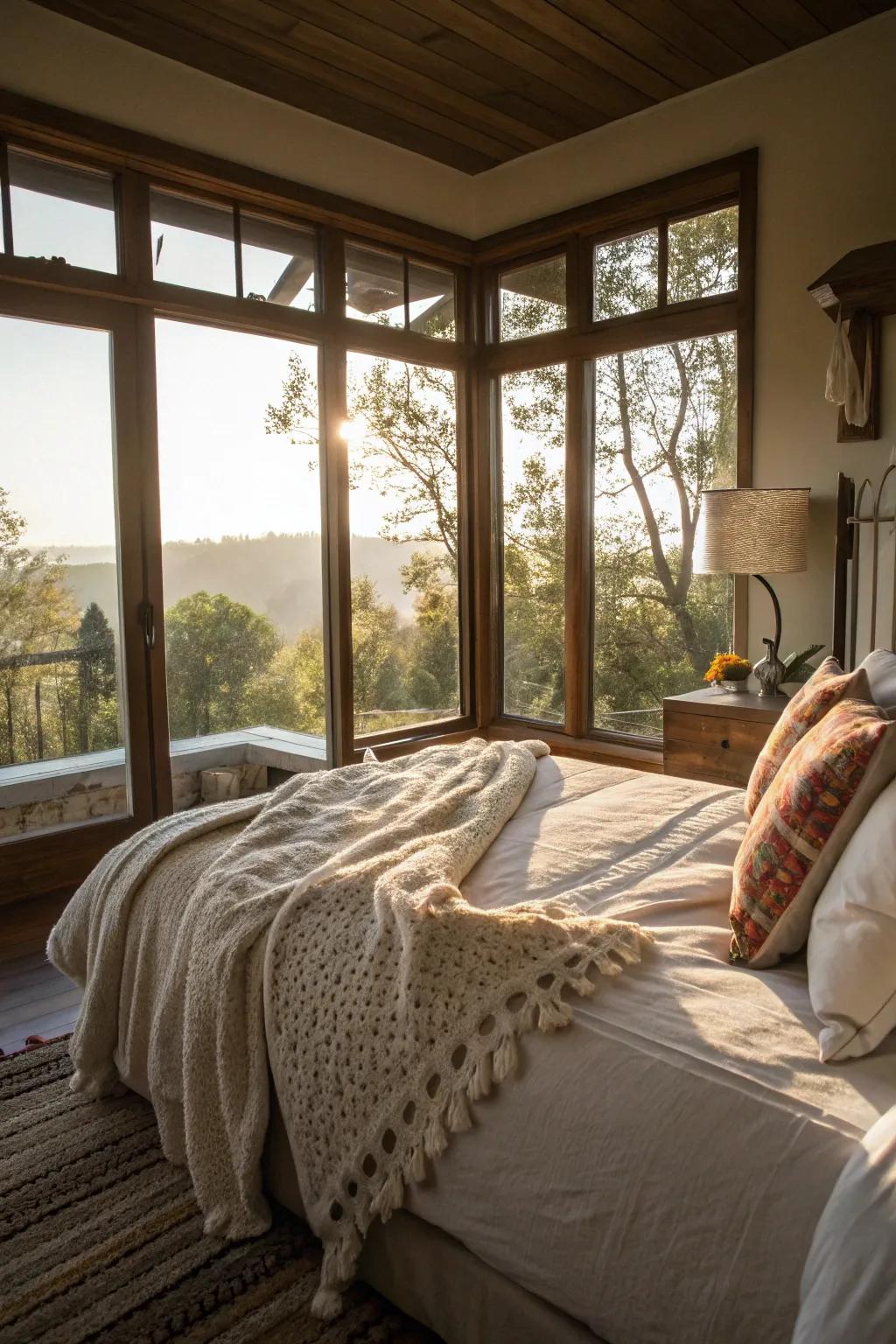 A bedroom featuring large windows that let in plenty of natural light.