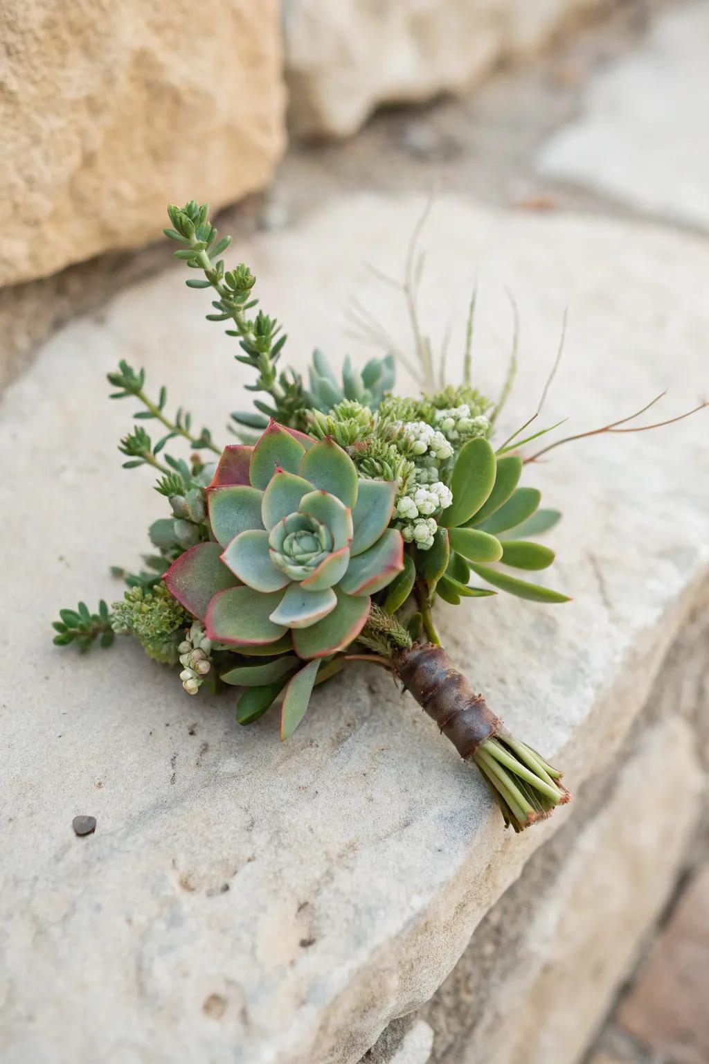 A succulent boutonniere delivers a contemporary and singular aesthetic.