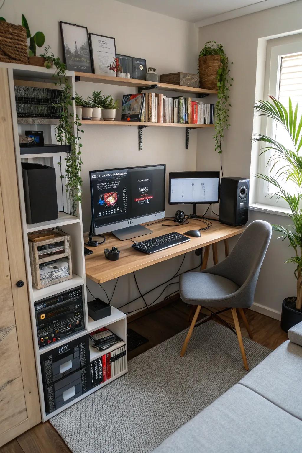 A structured technical arrangement enhances output within this home office.