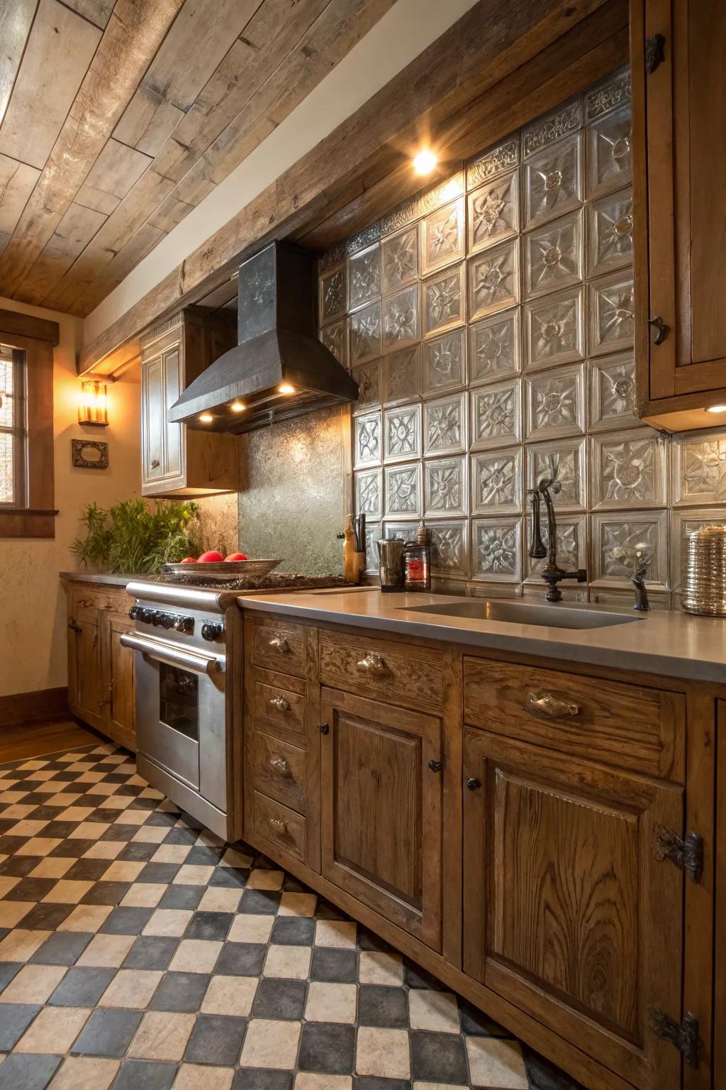 A provincial kitchen designed with a HeritageTin backsplash.