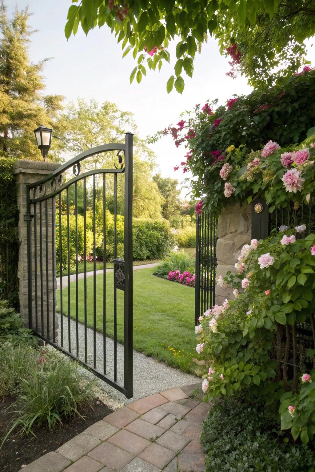 A sturdy metal panel gate guaranteeing seclusion while preserving a stylish facade.
