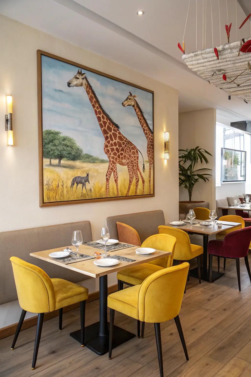 Chairs transform into giraffes, injecting a playful element into your area.