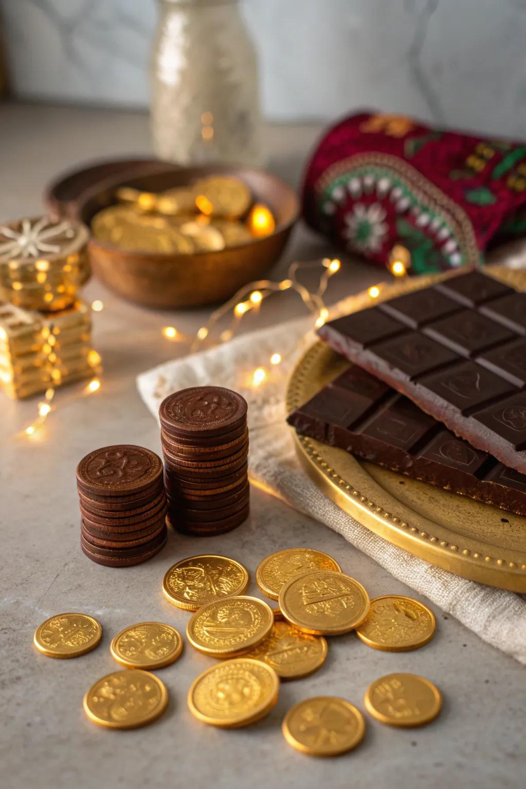 Gild your sweets station with chocolate coins, introducing a lavish yet whimsical aspect to the layout.