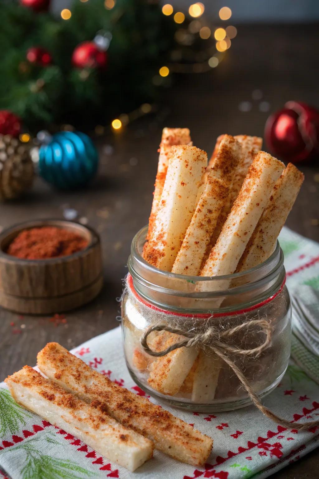 Chili-dusted jicama segments offer a refreshing bite.