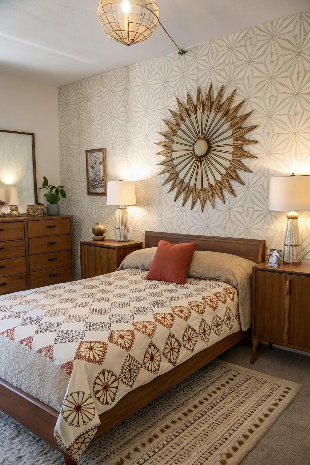 A mid-century modern bedroom featuring historical decor elements and a starburst mirror.