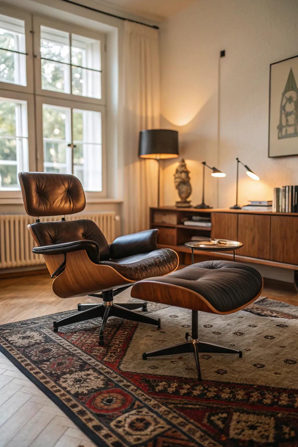 An iconic Eames chair enriches this mid-century modern living room with history and outstanding design.
