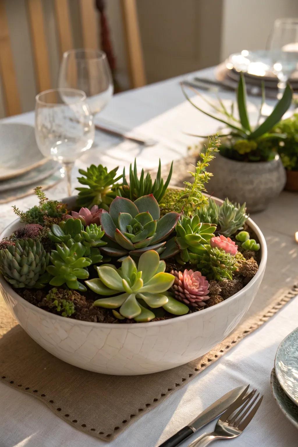 A succulent-laden bowl imparts an element of grace to any dining table arrangement.