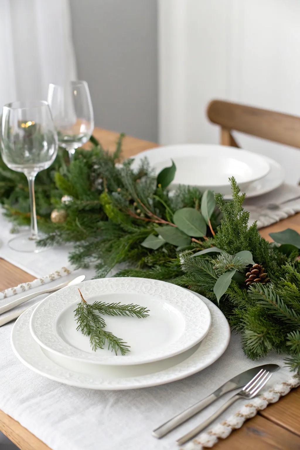 A refined table presentation featuring an uncomplicated focal piece and neutral tableware.