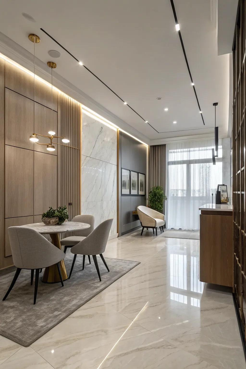 Contemporary minimalist transitions fashion a streamlined, orderly interior.