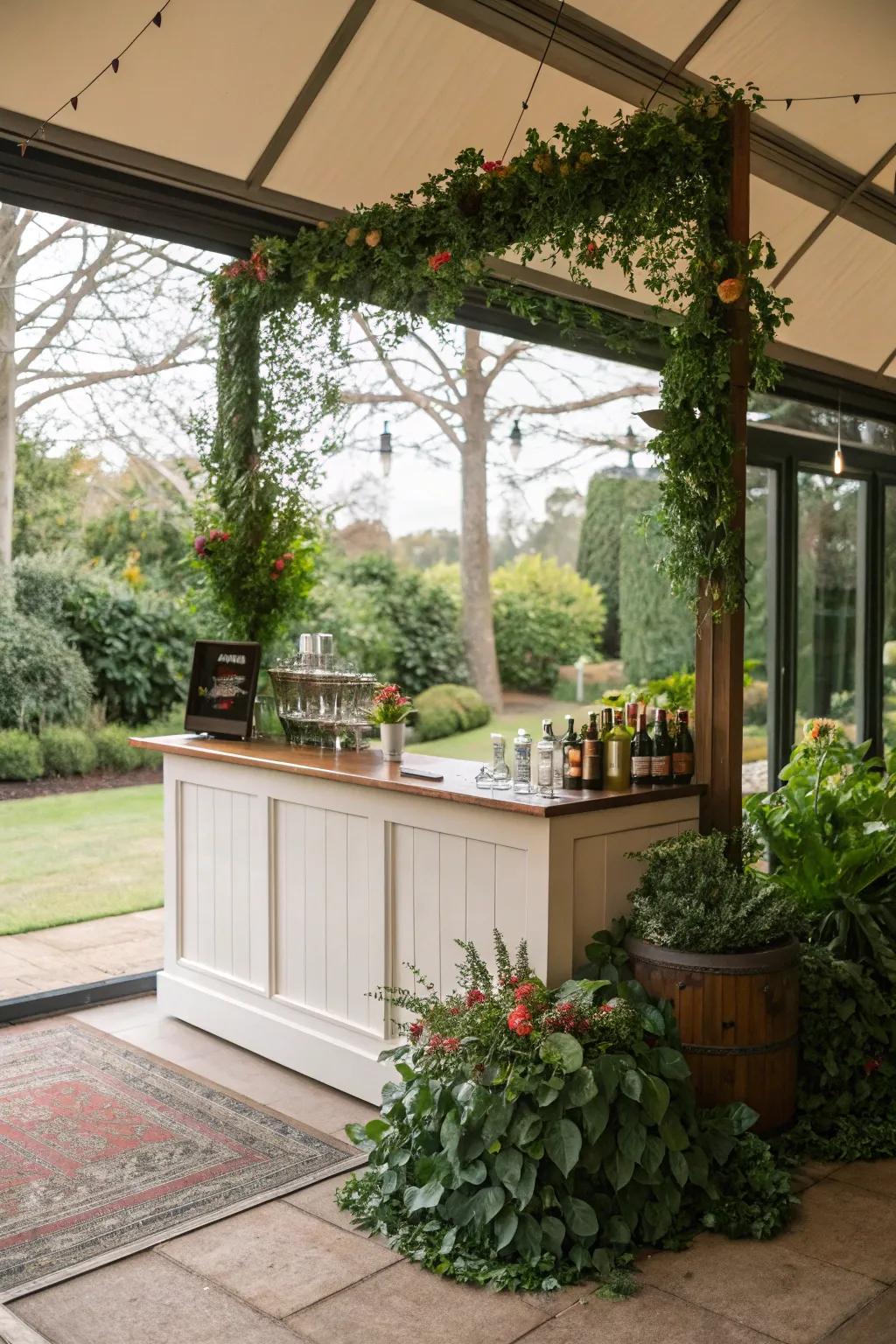 Natural light enhances the seamless blend of this rolling bar with the outdoors.