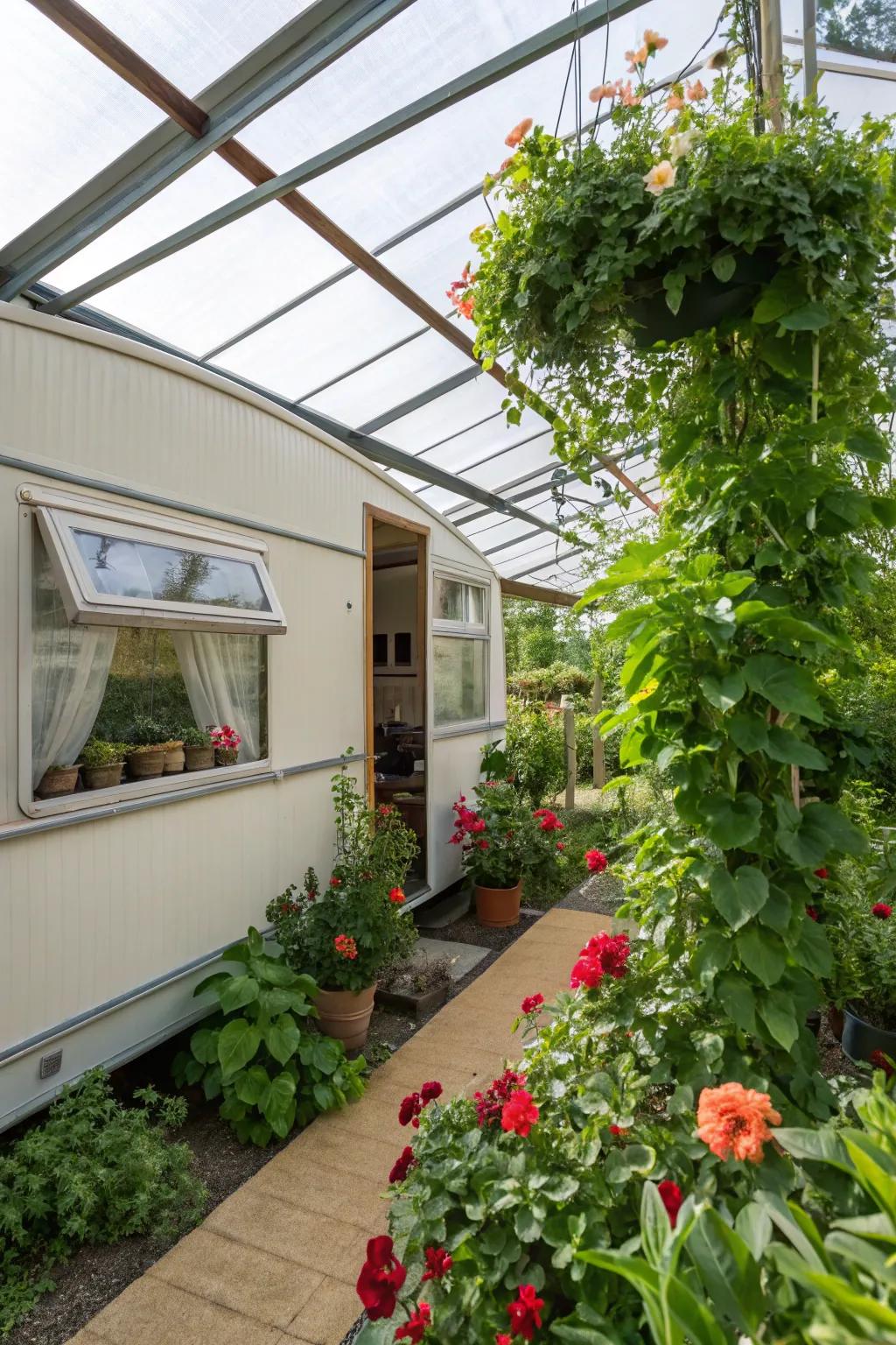 A conservatory expansion filled with flora, delivering a lush, green retreat linked to the mobile house.