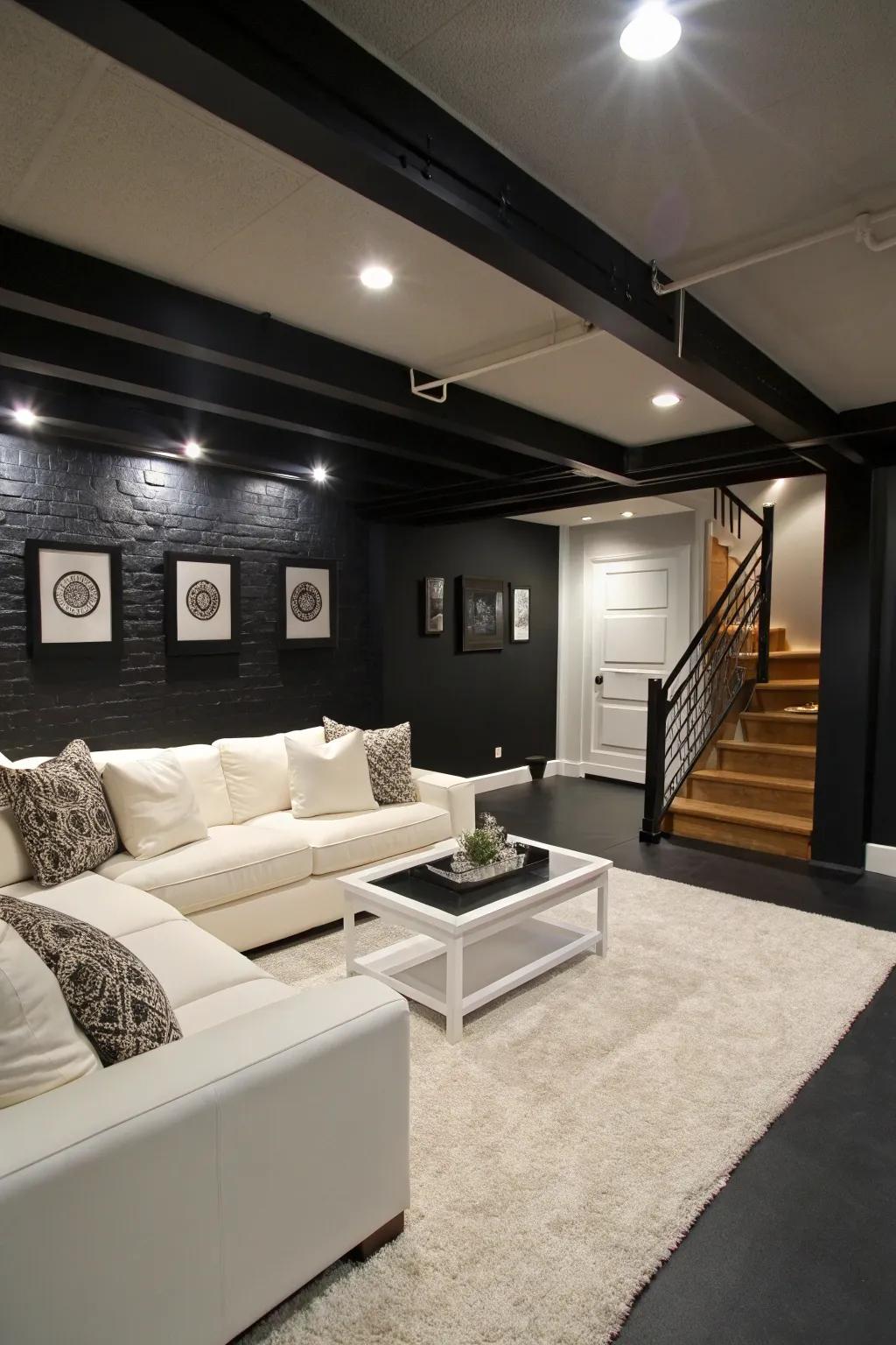 Striking ebony contributes drama and modernism to your basement.