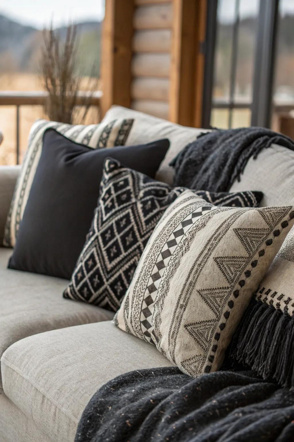 Ebony and stone grey toss cushions enrich the sofa with added texture and comfort.