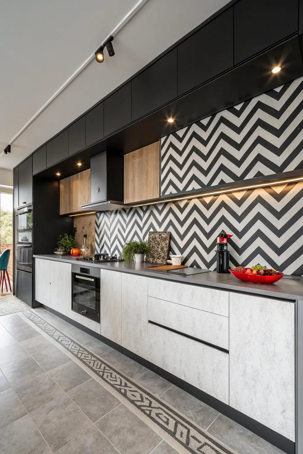 Chevron patterns infuse movement and energy into the kitchen.