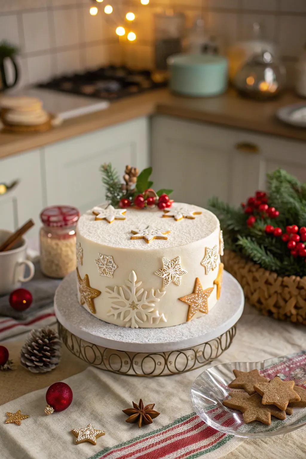 Christmas cake featuring intricate icing illustrations