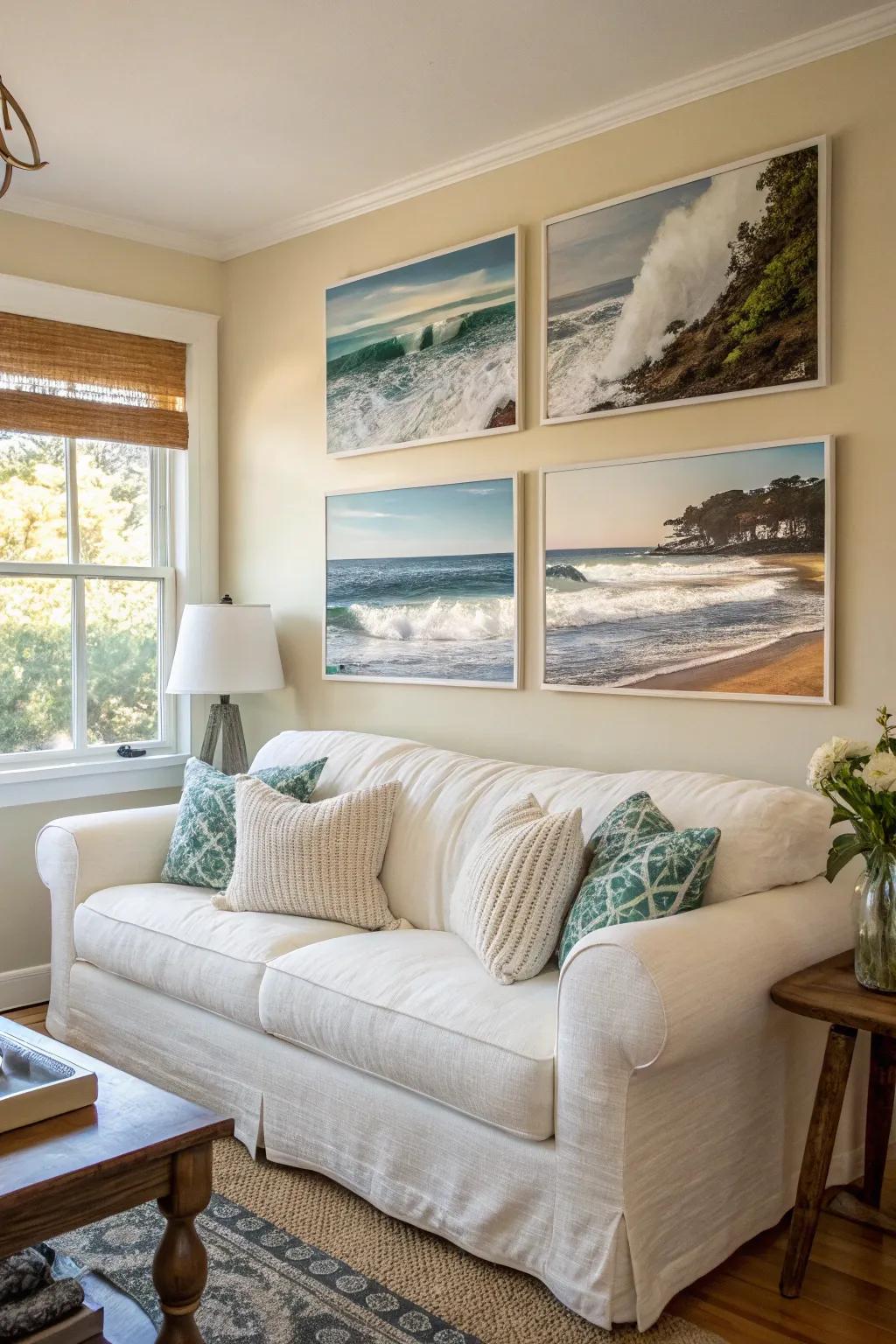 Coastal artistic works enhance the thematic decor.