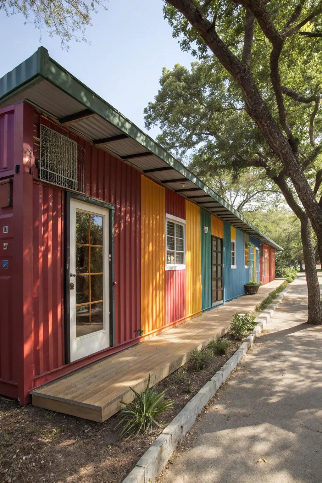 A modular home displaying vibrant colors and a textured exterior for enhanced visual appeal.