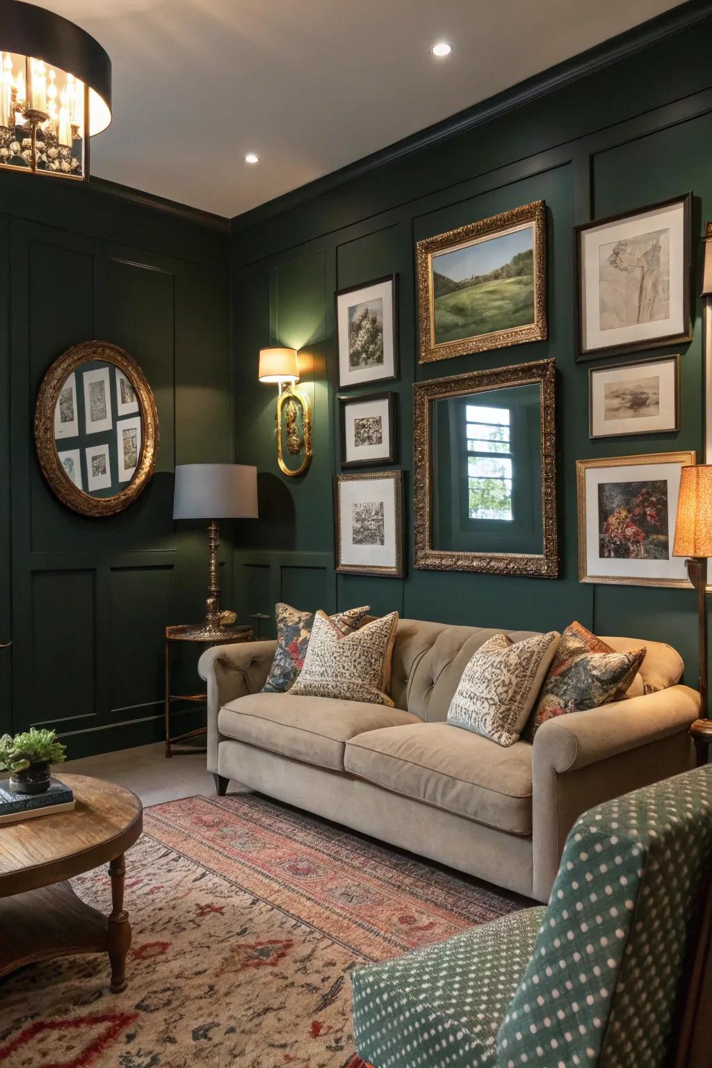 Art and mirrors add depth and character to a dark green living room.