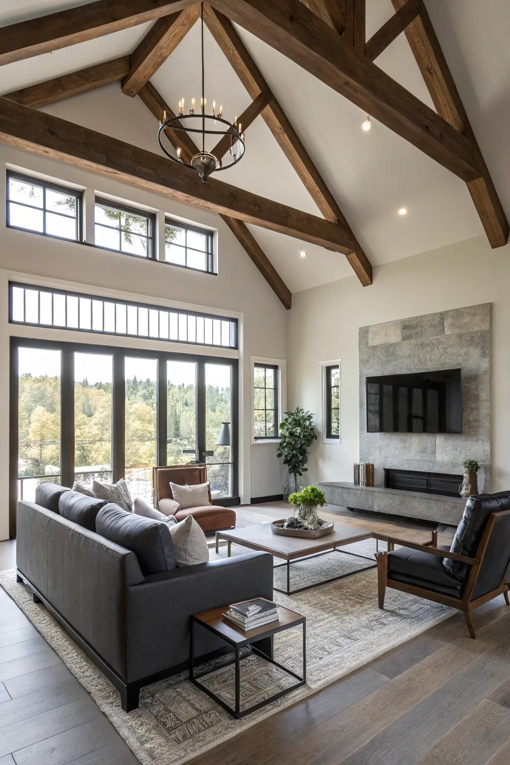 Accentuated beams inject rustic allure into contemporary spaces.