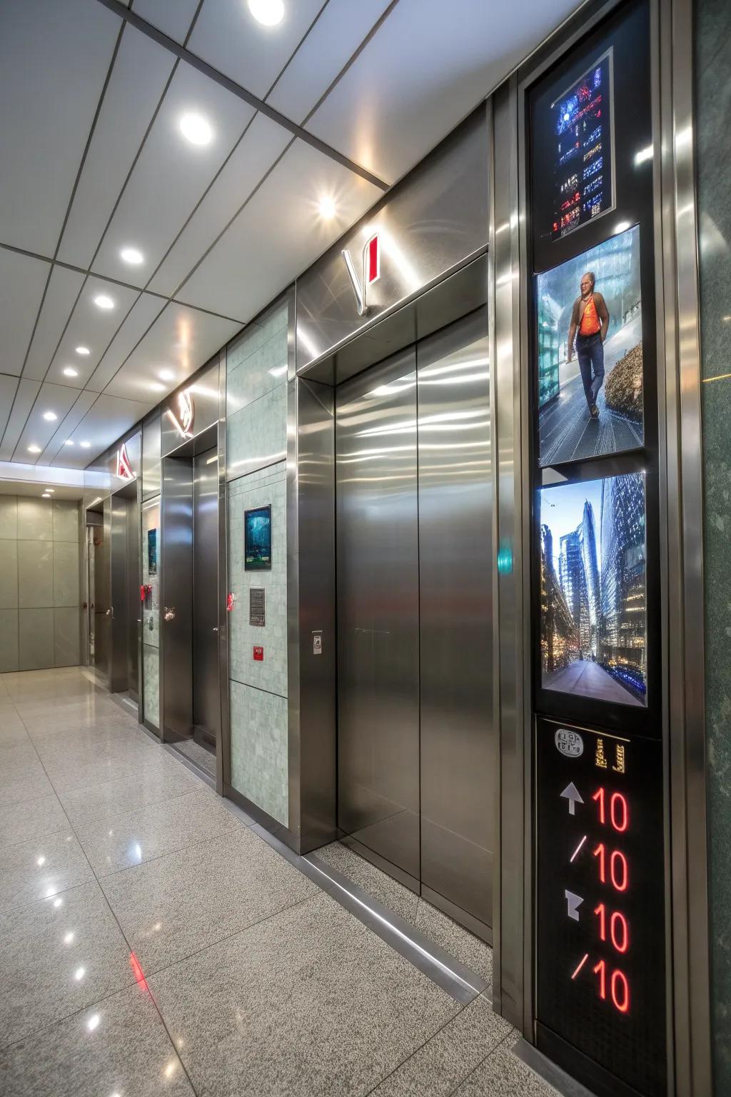An elevator interior with digital displays adding a contemporary touch.
