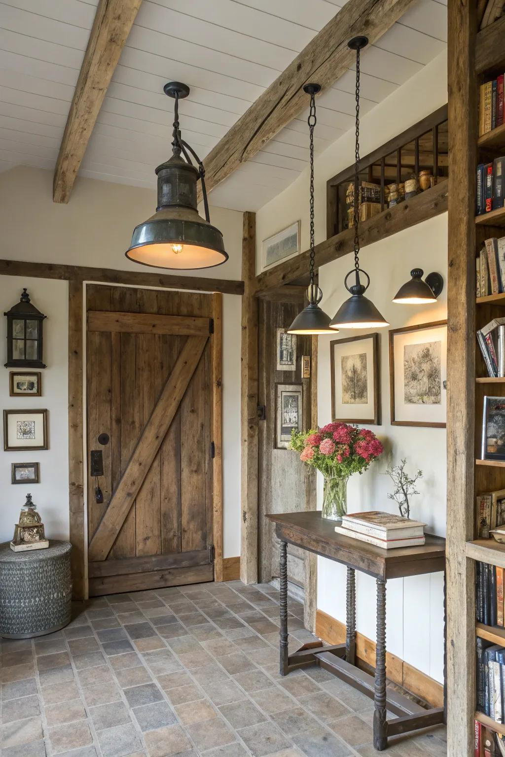 Industrial illumination complements the modern farmhouse style.
