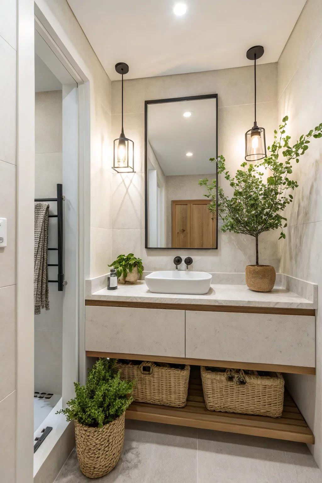 Minimalist decor with modest plant features enhances a powder room.