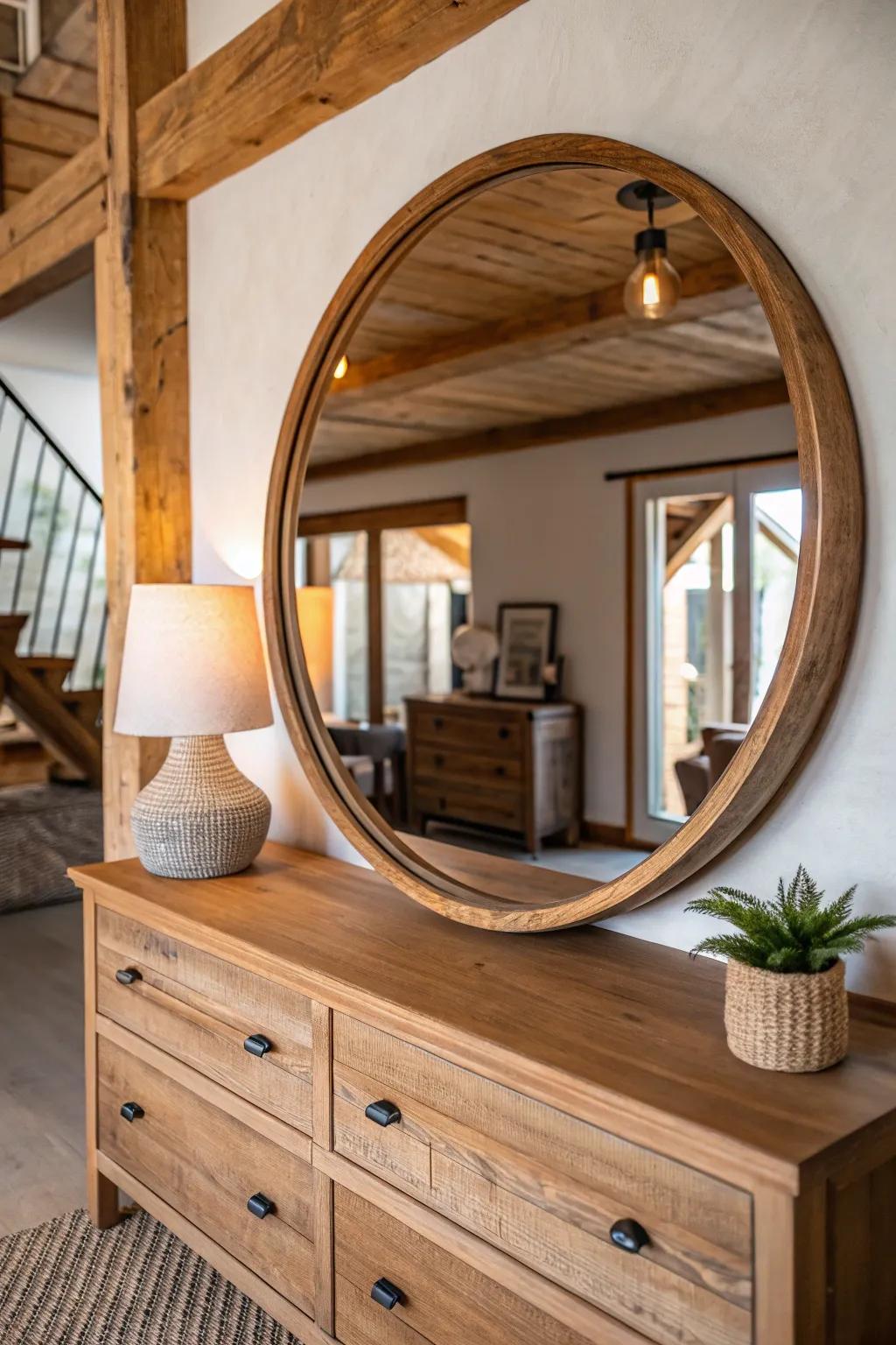 Circular wooden-framed mirror in a brightly lit farmhouse room.