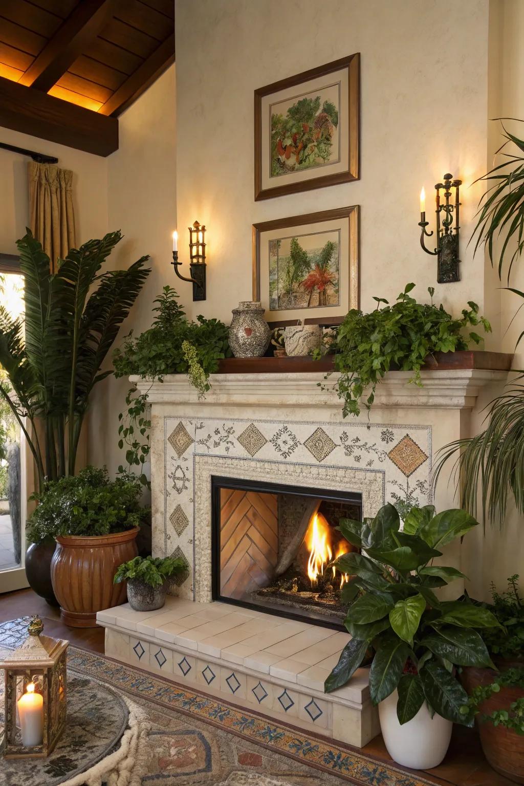 Fireplace adorned with ornamental highlights.