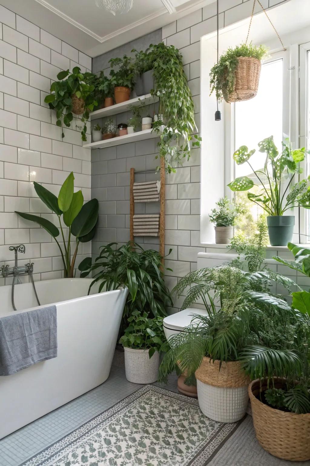 Plants impart a hint of nature and vibrancy to the bathroom setting.