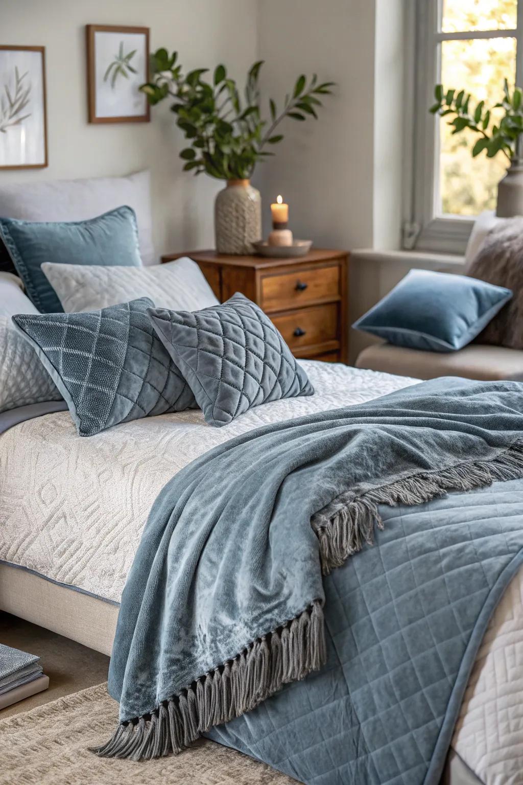 Layer textures such as velvet and cotton to fashion an inviting and comfortable bedroom.