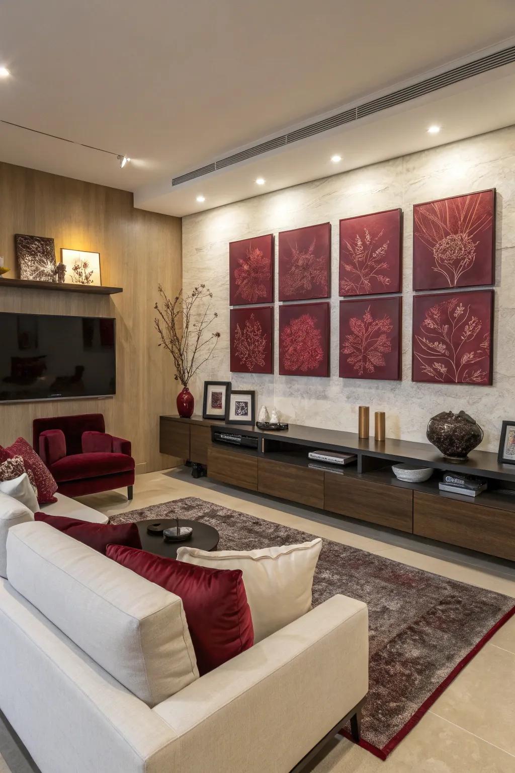 Living room enhanced with burgundy-themed artwork and modern decor.