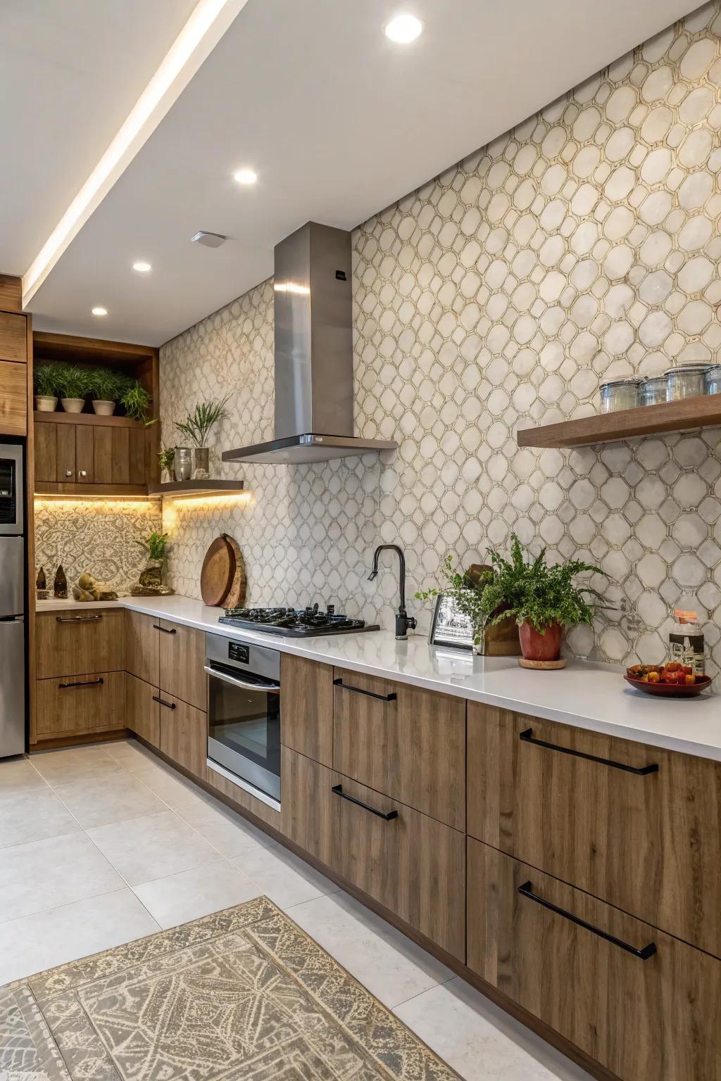 Rough-cut tiles add depth and encourage touch.