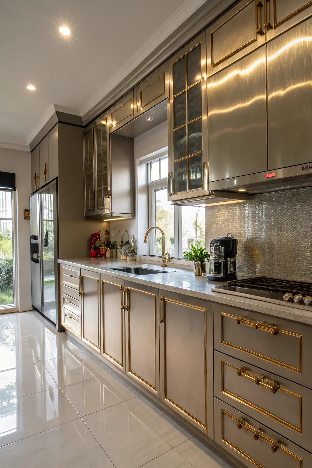 Metallic accents add a luxurious touch to modern cabinets.